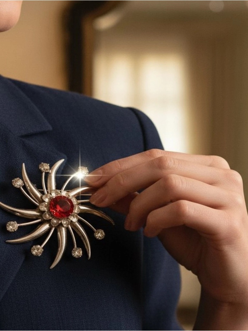 Vintage Sterling Silver Atomic Starburst Brooch Red Rhinestone Mid Century